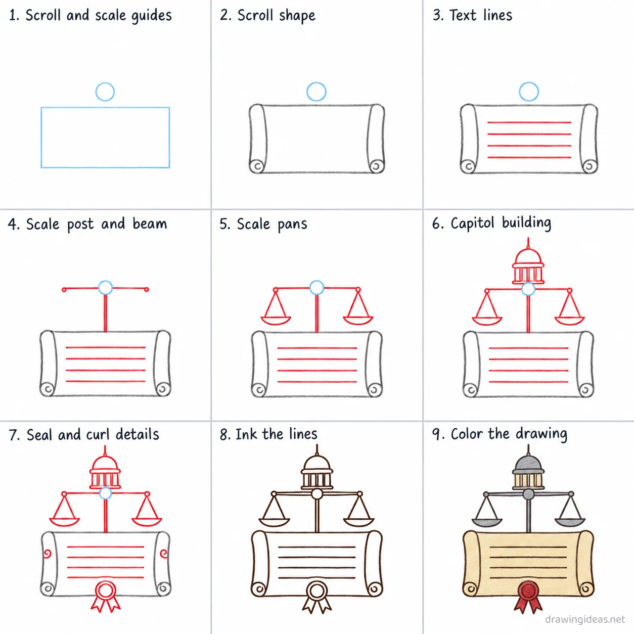 How to draw the 10th Amendment step by step — 9-step 10th Amendment drawing tutorial sheet