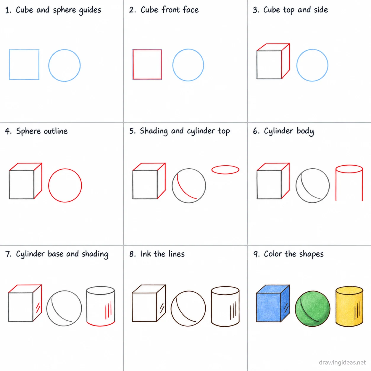 How to draw 3D shapes step by step — 9-step 3d drawing tutorial sheet