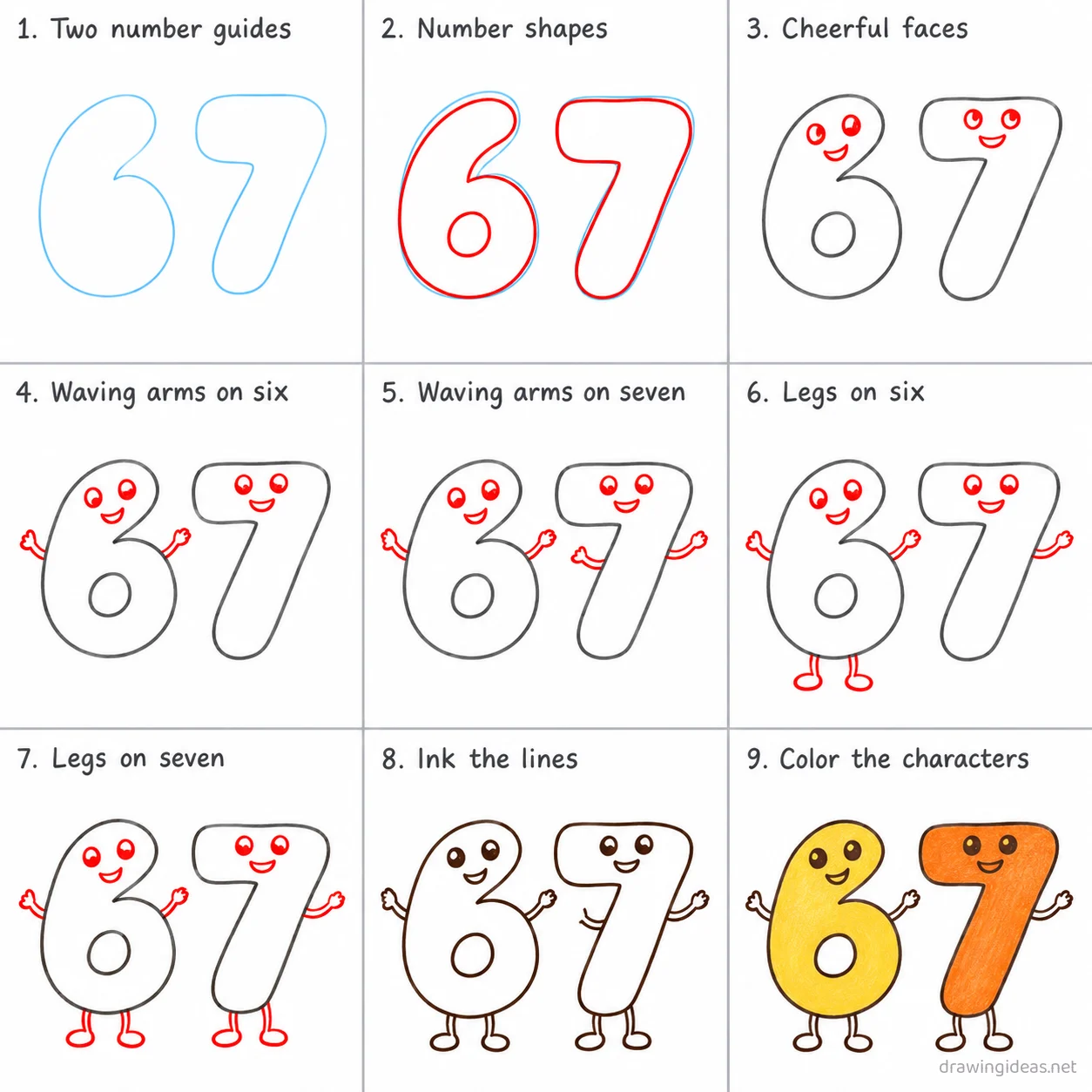 How to draw the 67 meme step by step — 9-step 67 drawing tutorial sheet