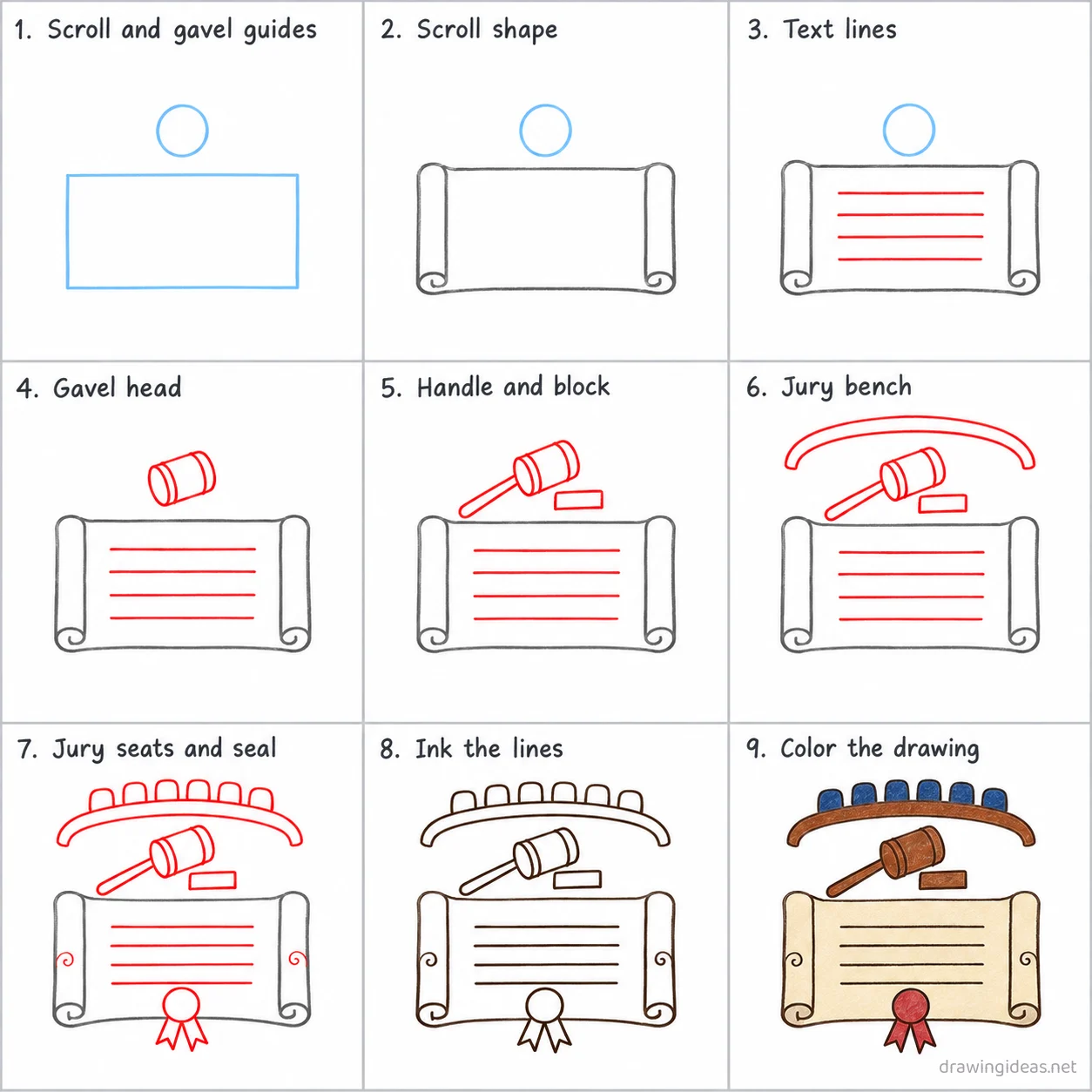 How to draw the 6th Amendment step by step — 9-step 6th Amendment drawing tutorial sheet