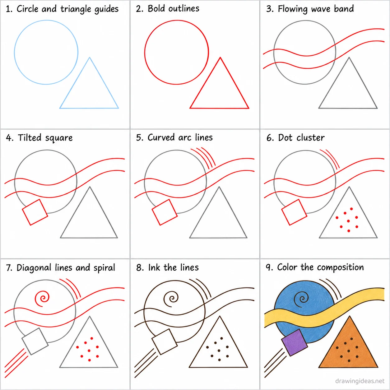 How to draw an abstract step by step — 9-step abstract drawing tutorial sheet