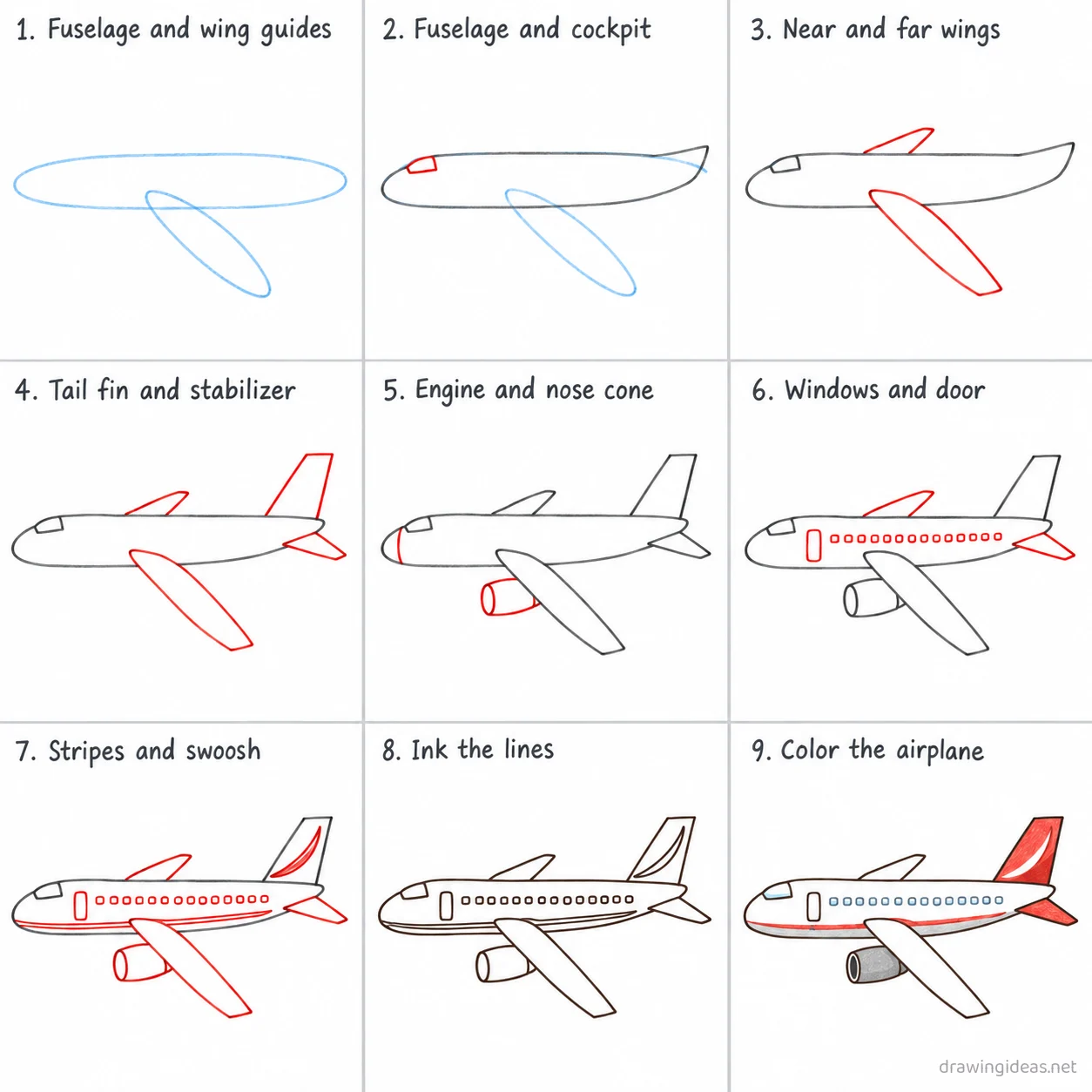 How to draw an airplane step by step — 9-step airplane drawing tutorial sheet