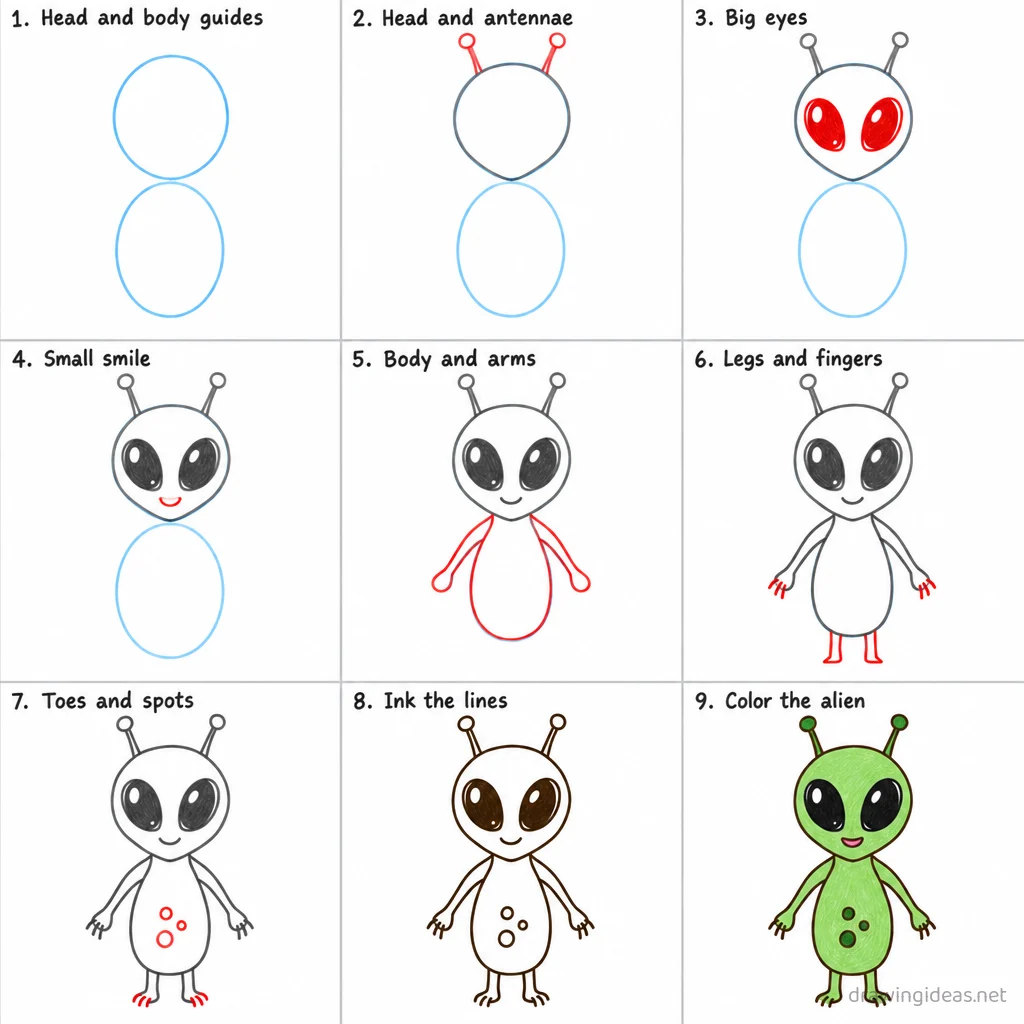 How to draw an alien step by step — 9-step alien drawing tutorial sheet