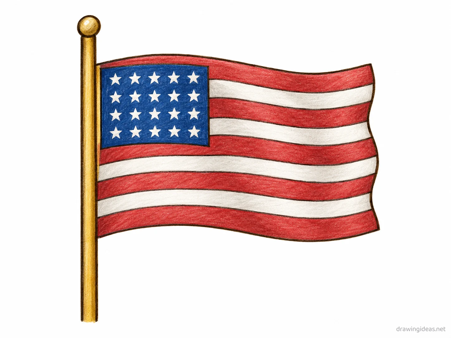 American Flag drawing — hand-drawn American Flag illustration with ink lines and soft colors