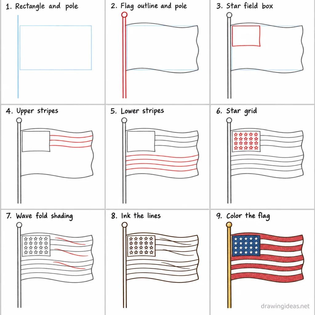 How to draw the American Flag step by step — 9-step American Flag drawing tutorial sheet