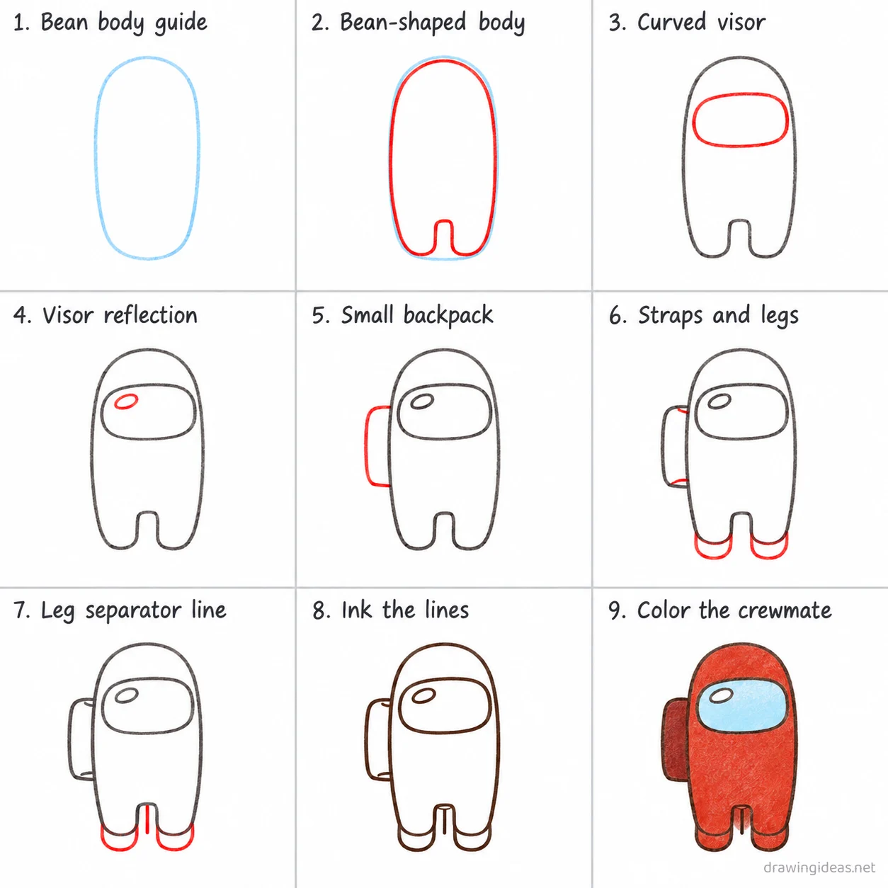 How to draw Among Us step by step — 9-step Among Us drawing tutorial sheet