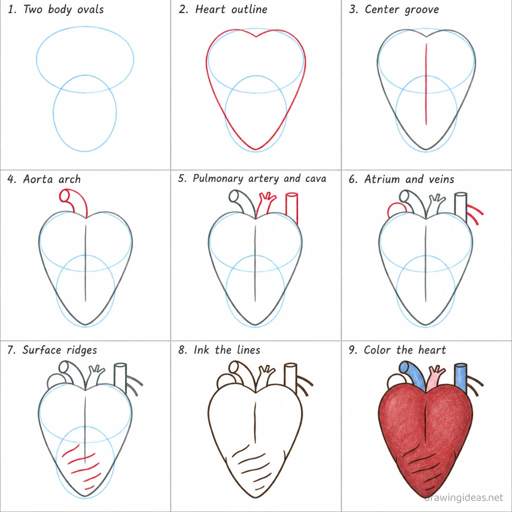 How to draw an anatomical heart step by step — 9-step anatomical heart drawing tutorial sheet