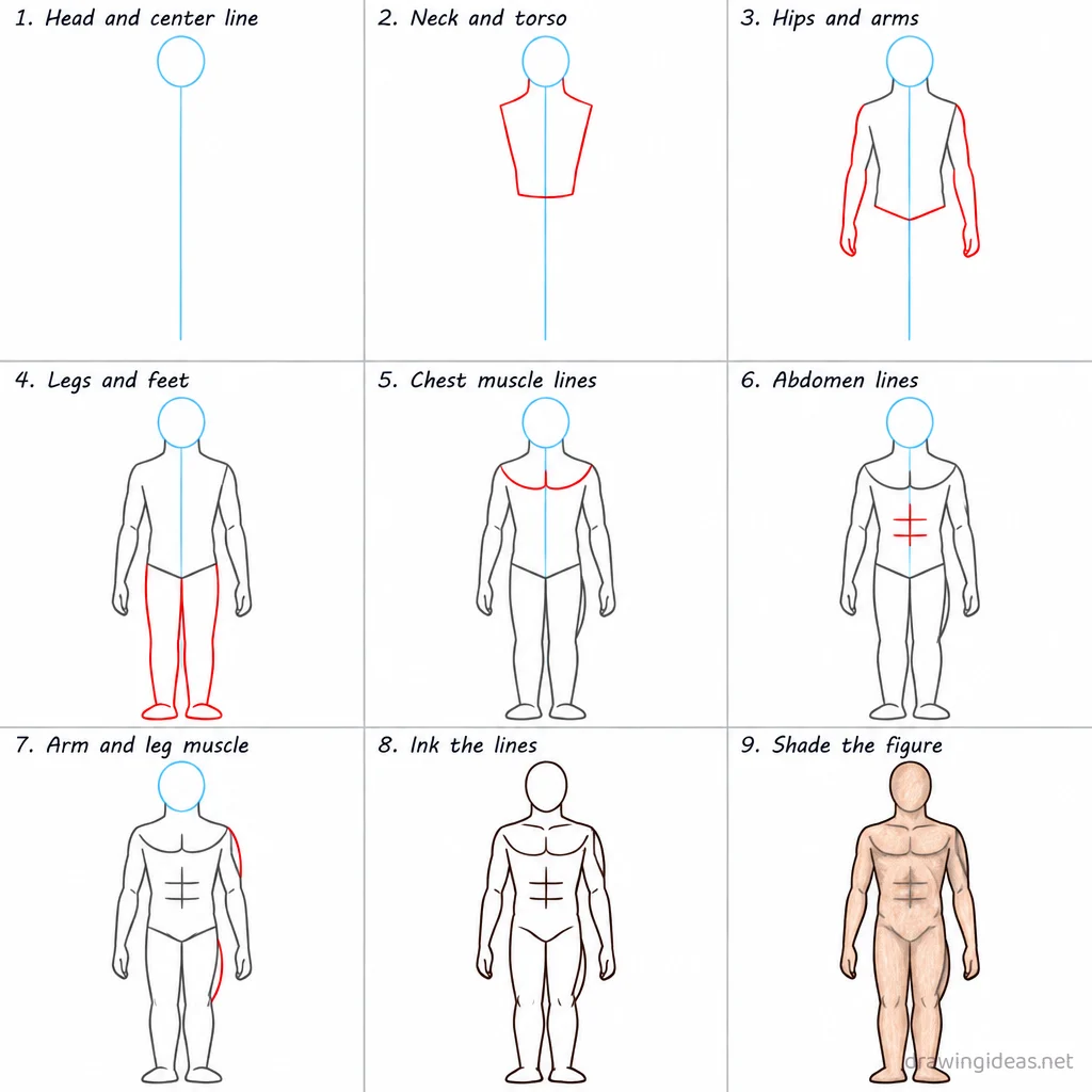 How to draw anatomy step by step — 9-step anatomy drawing tutorial sheet