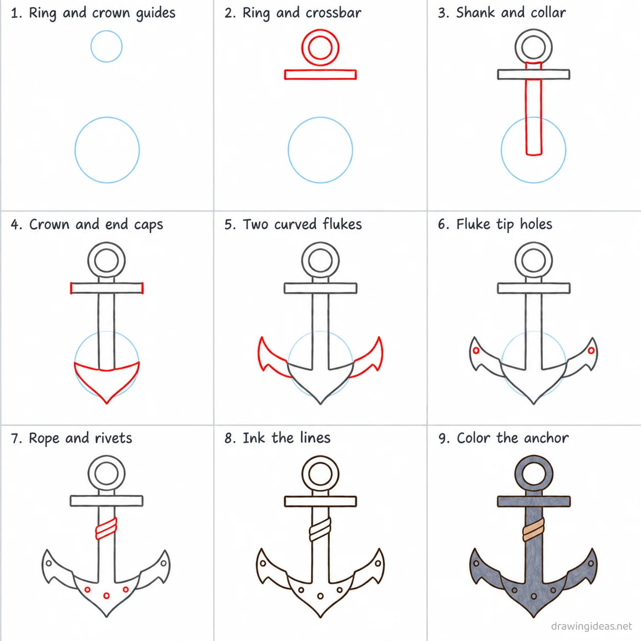 How to draw an anchor step by step — 9-step anchor drawing tutorial sheet