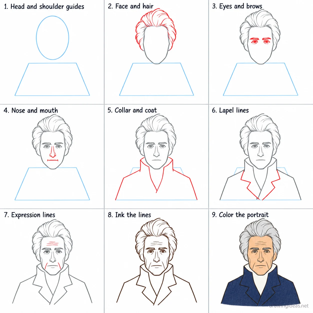 How to draw Andrew Jackson step by step — 9-step Andrew Jackson drawing tutorial sheet