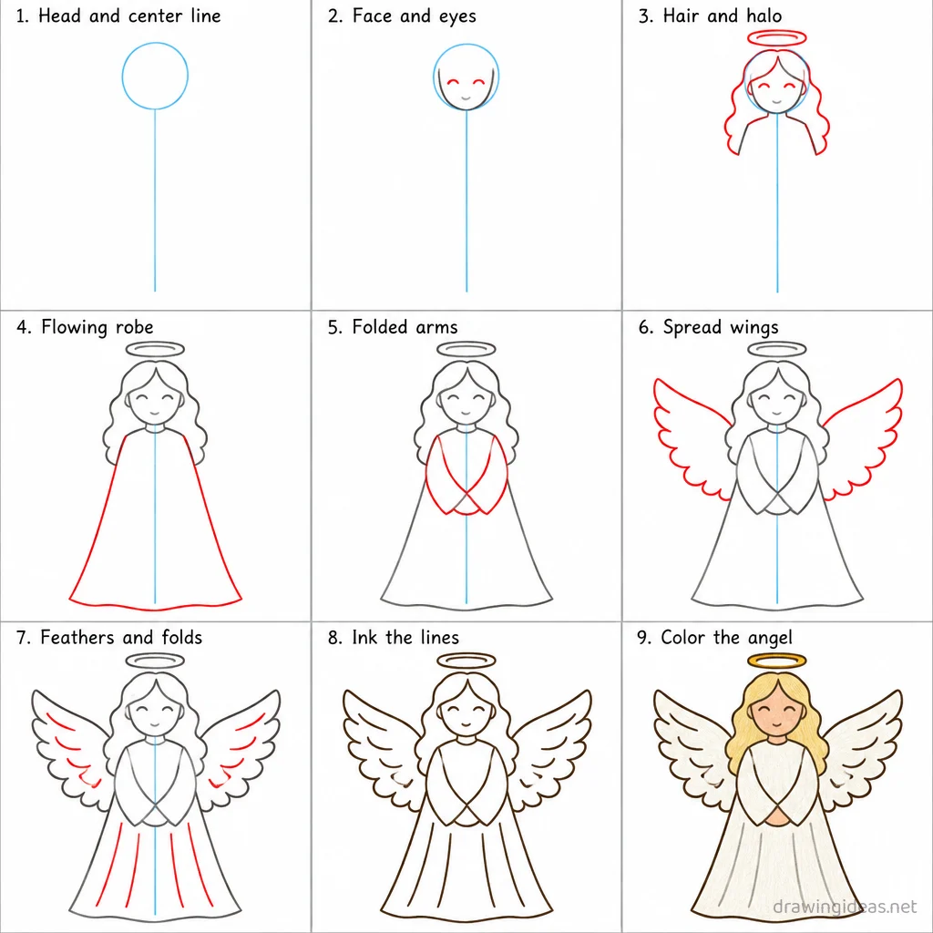 How to draw an angel step by step — 9-step angel drawing tutorial sheet
