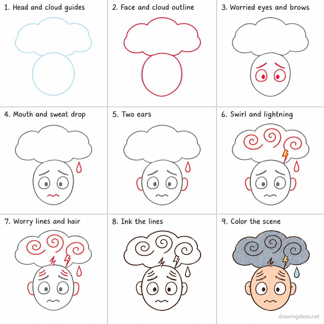 How to draw anxiety step by step — 9-step anxiety drawing tutorial sheet
