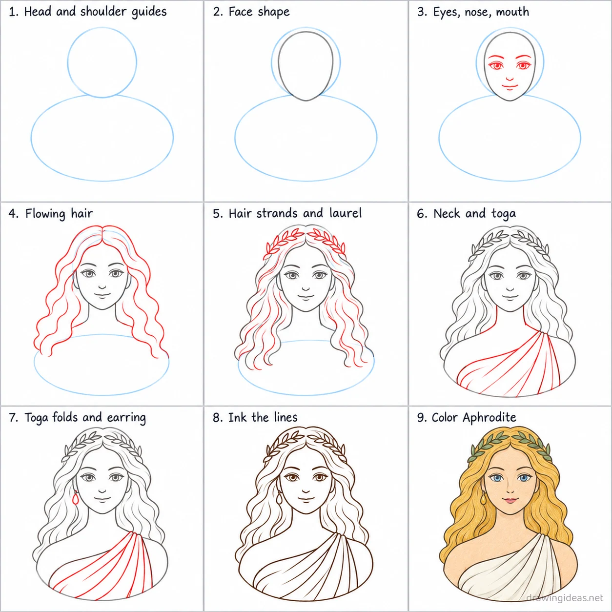 How to draw Aphrodite step by step — 9-step Aphrodite drawing tutorial sheet