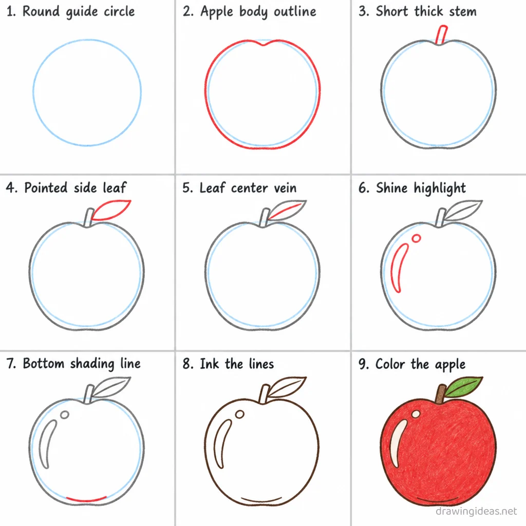How to draw an apple step by step — 9-step apple drawing tutorial sheet
