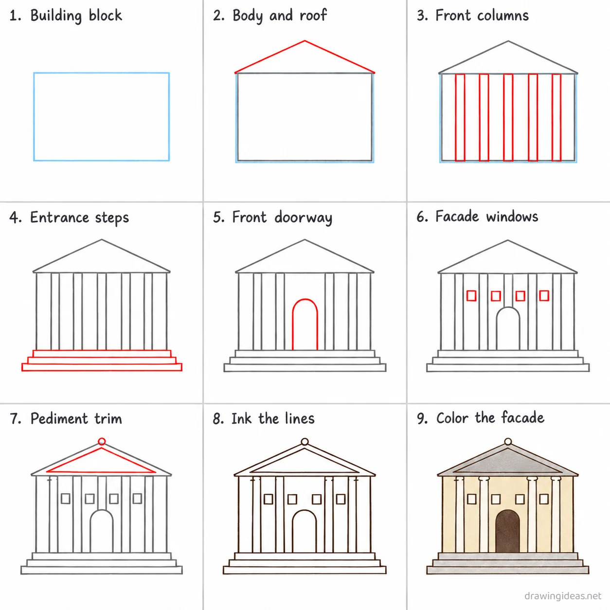 How to draw an architecture step by step — 9-step architecture drawing tutorial sheet