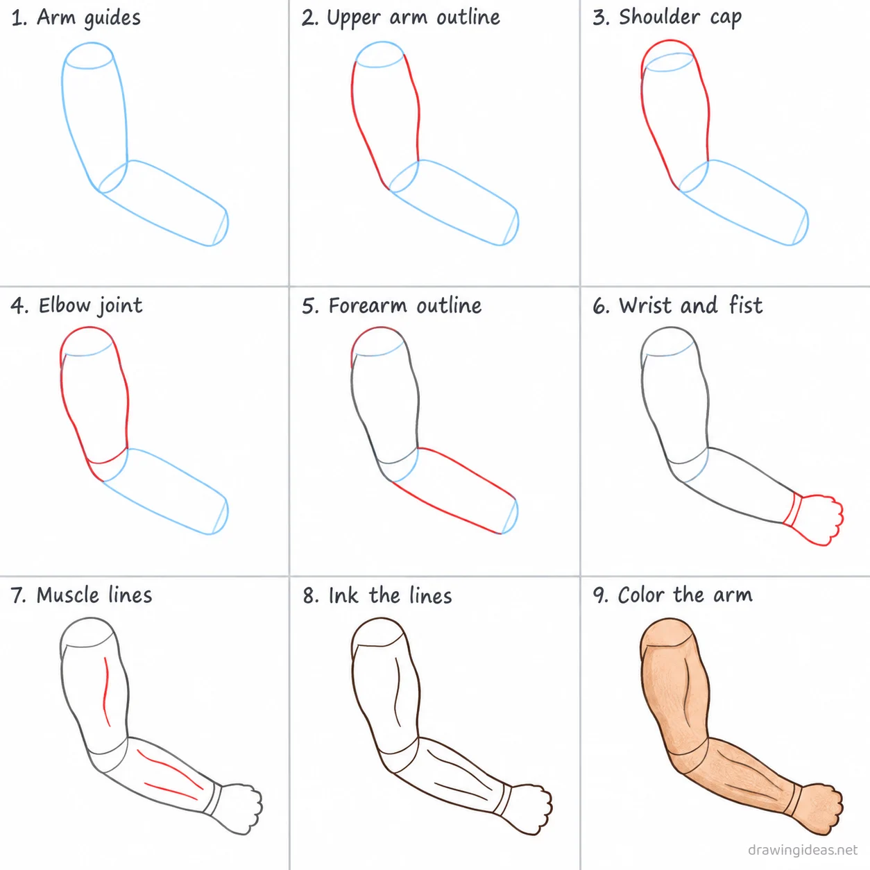 How to draw an arm step by step — 9-step arm drawing tutorial sheet