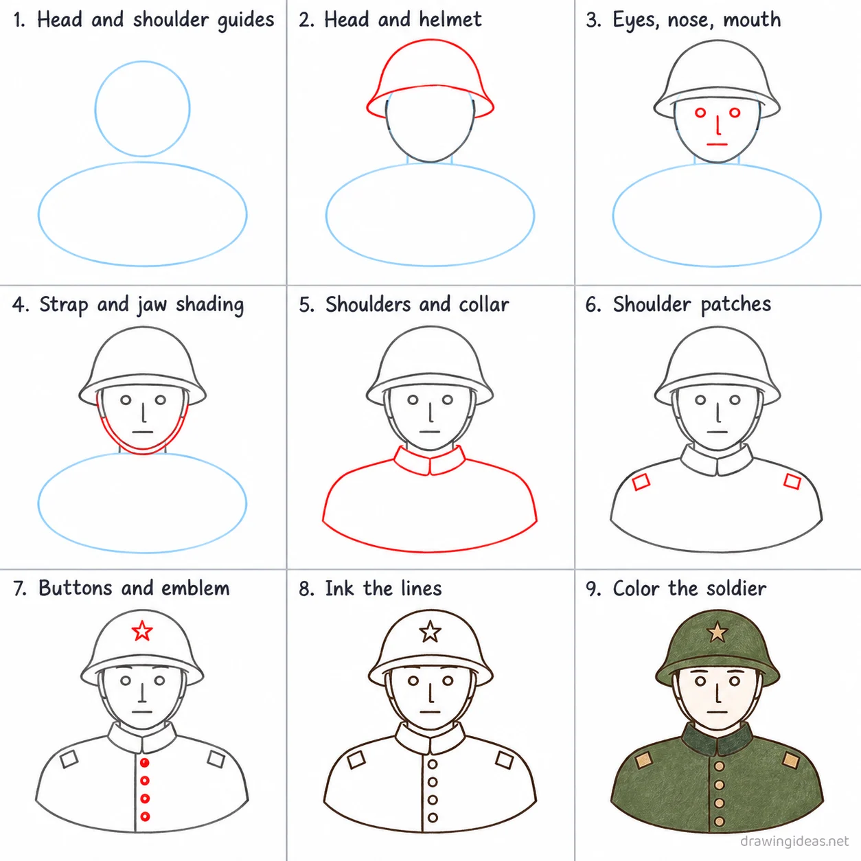 How to draw an army step by step — 9-step army drawing tutorial sheet