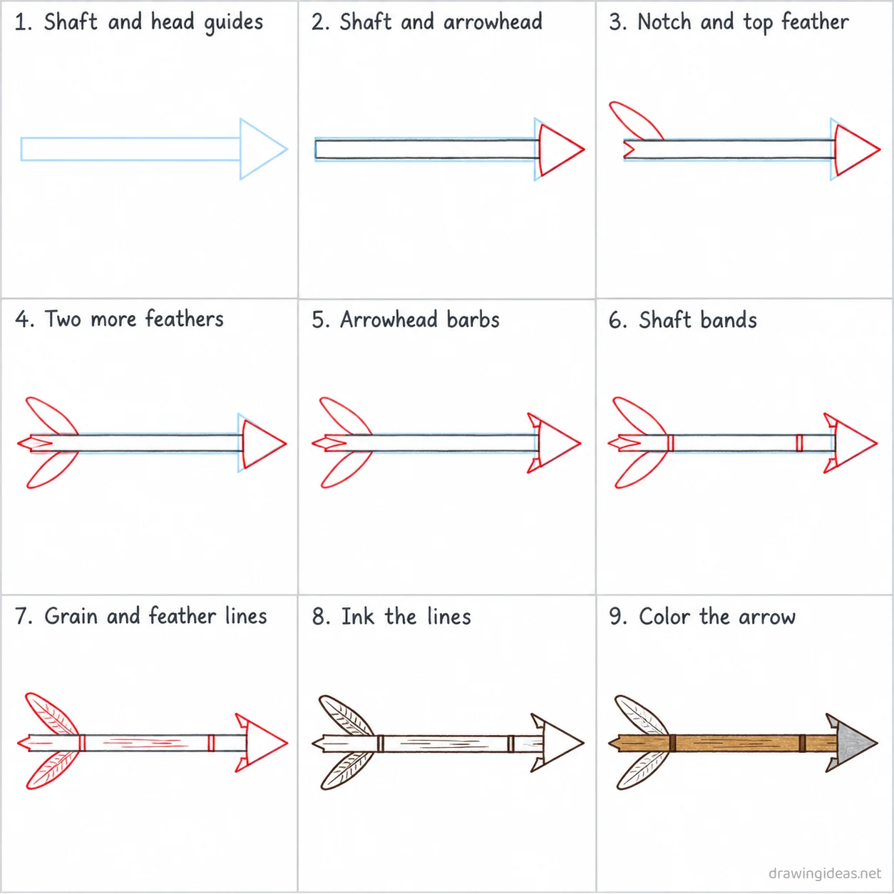 How to draw an arrow step by step — 9-step arrow drawing tutorial sheet