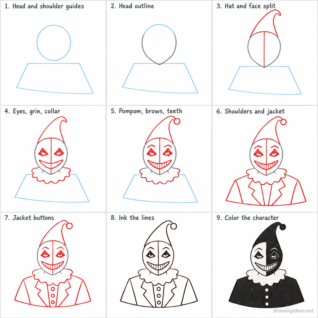 How to draw an art clown step by step — 9-step art clown drawing tutorial sheet