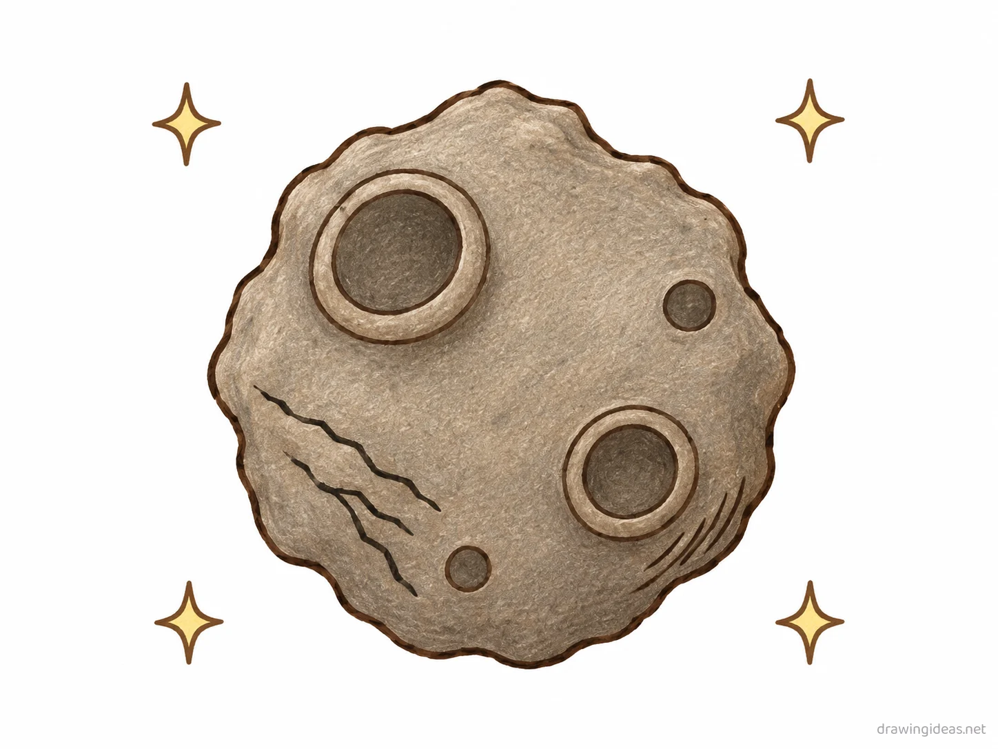 Asteroid drawing — hand-drawn asteroid illustration with ink lines and soft colors