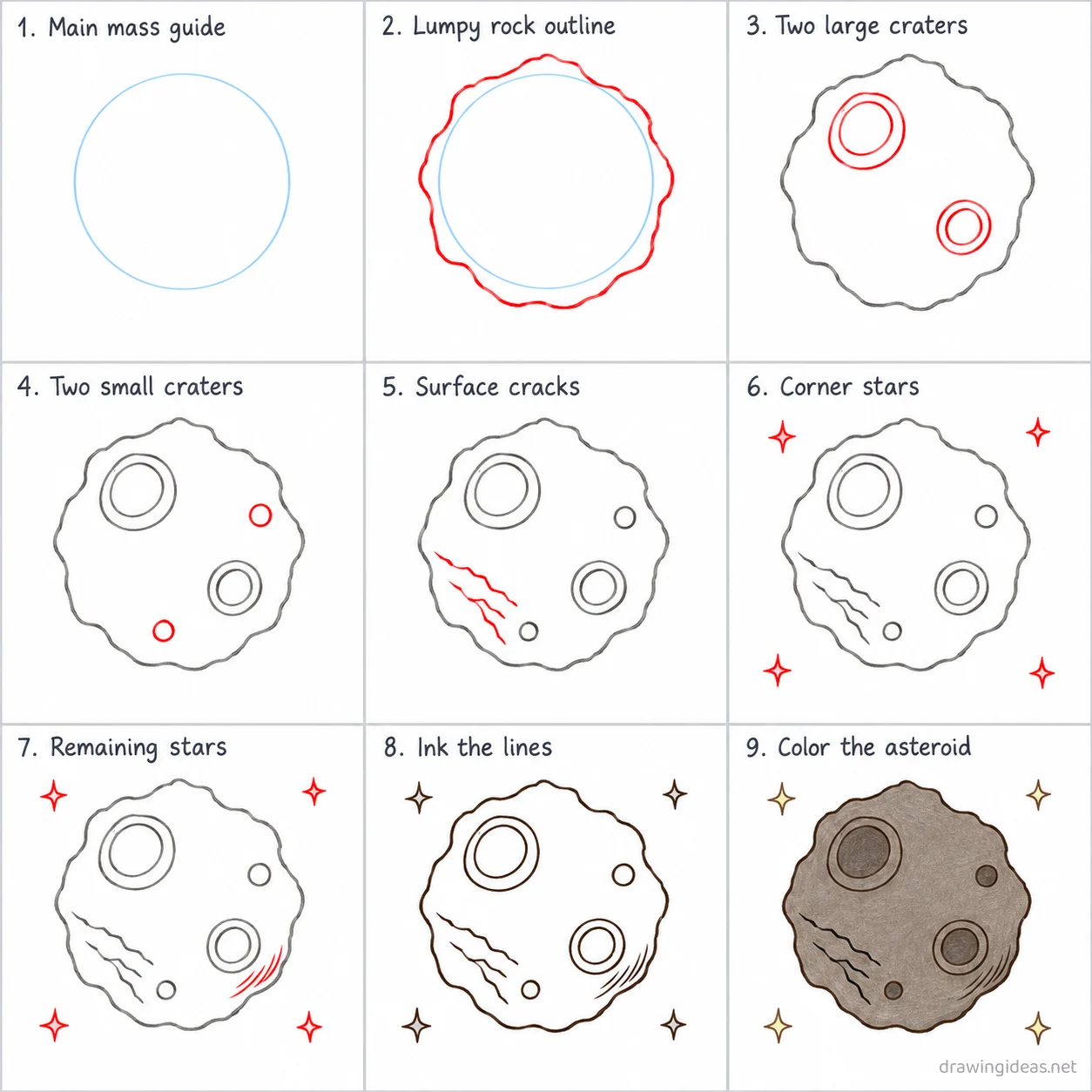 How to draw an asteroid step by step — 9-step asteroid drawing tutorial sheet
