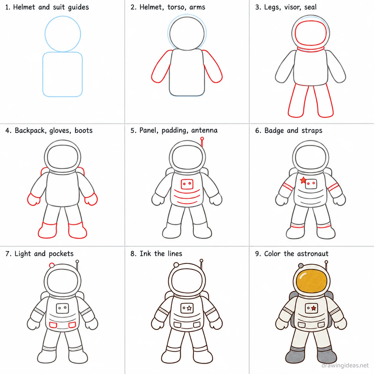 How to draw an astronaut step by step — 9-step astronaut drawing tutorial sheet