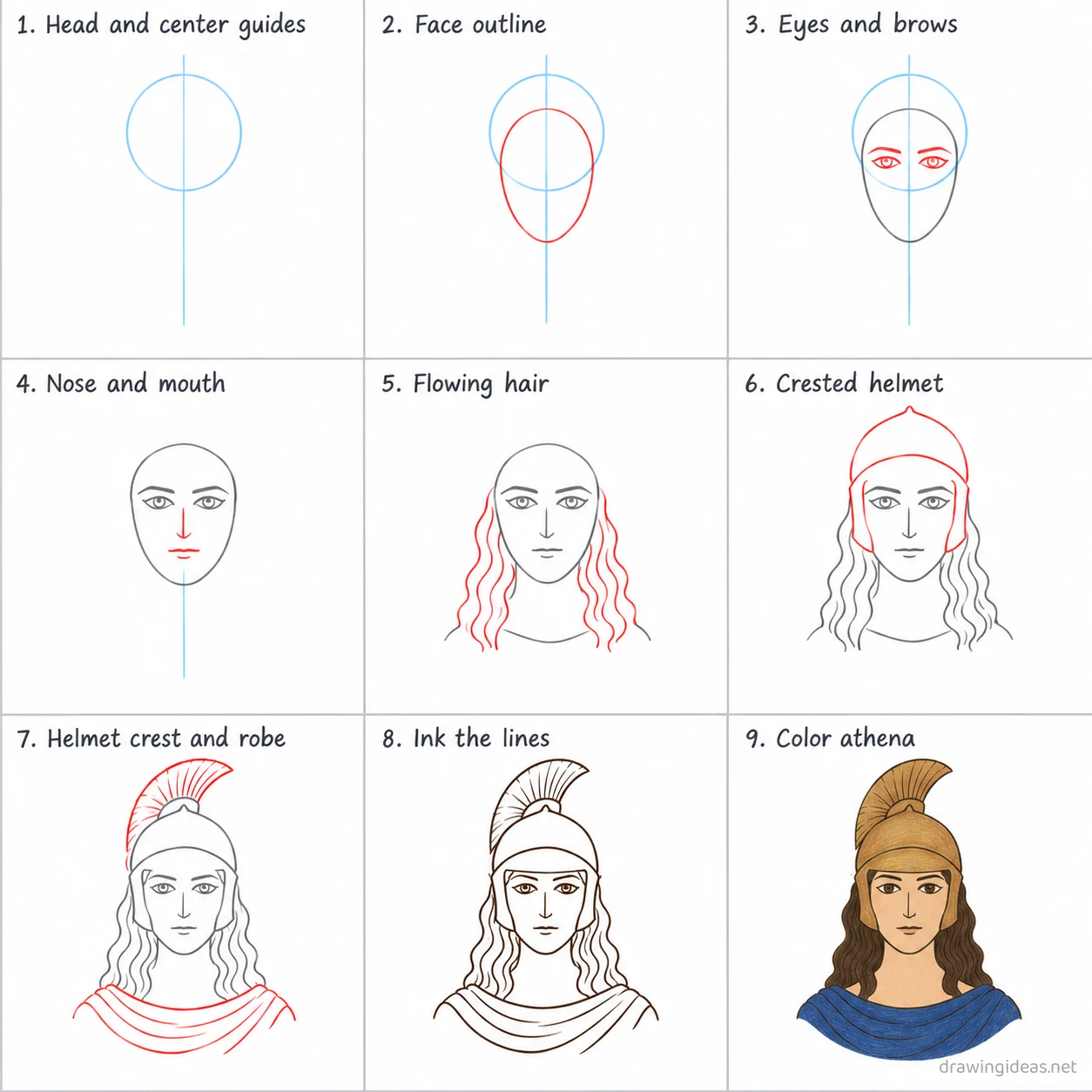 How to draw Athena step by step — 9-step Athena drawing tutorial sheet