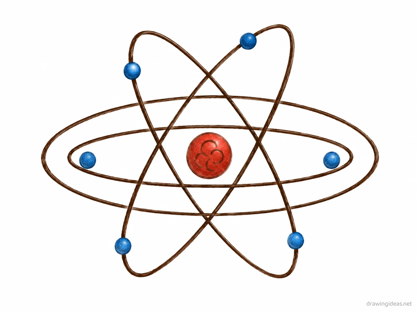 Atom drawing — hand-drawn atom illustration with ink lines and soft colors