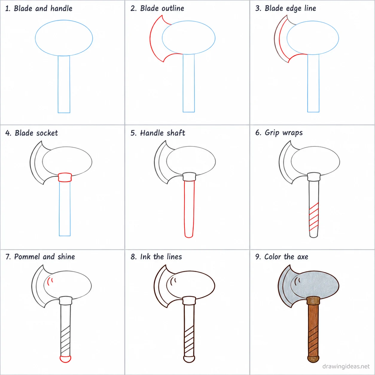 How to draw an axe step by step — 9-step axe drawing tutorial sheet