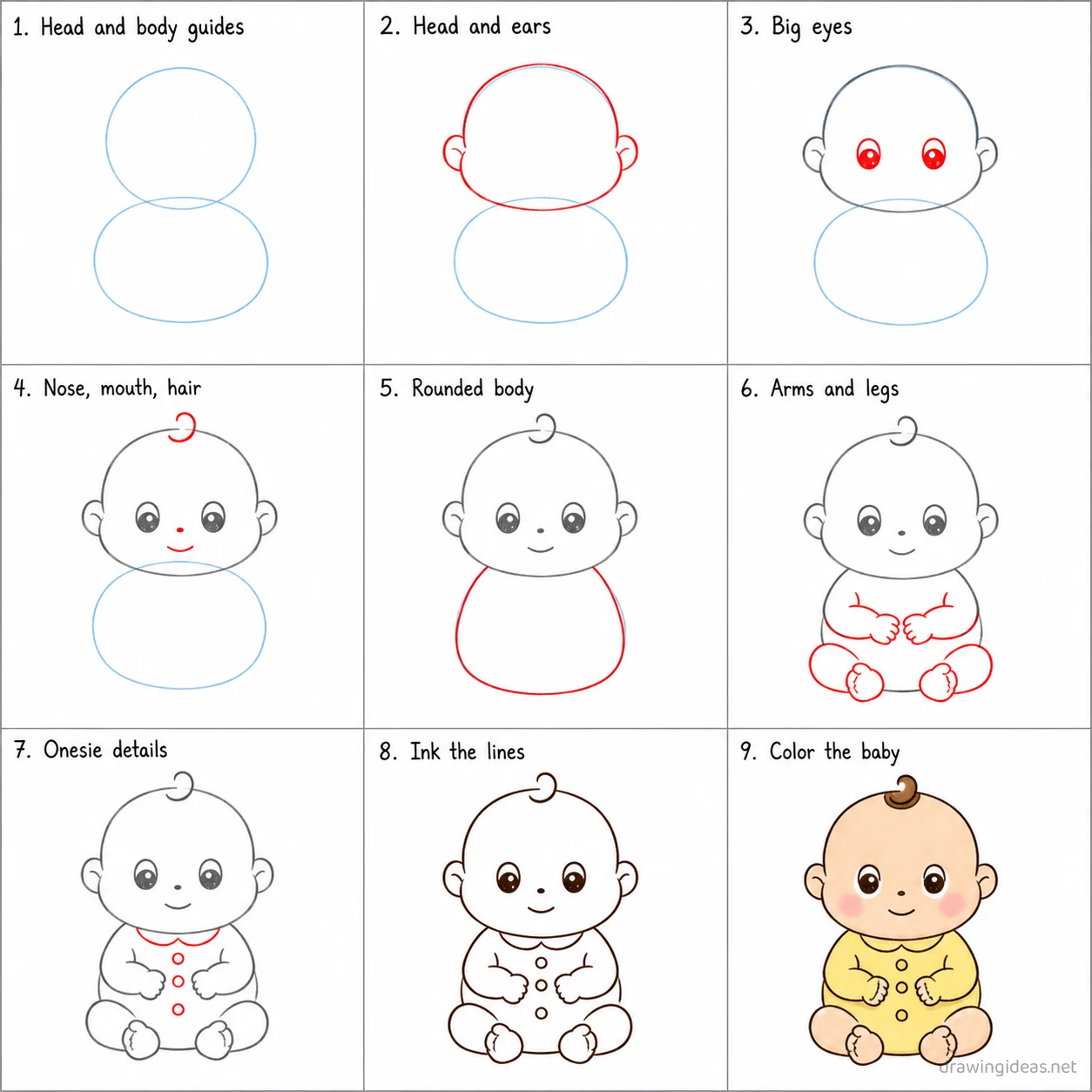 How to draw a baby step by step — 9-step baby drawing tutorial sheet