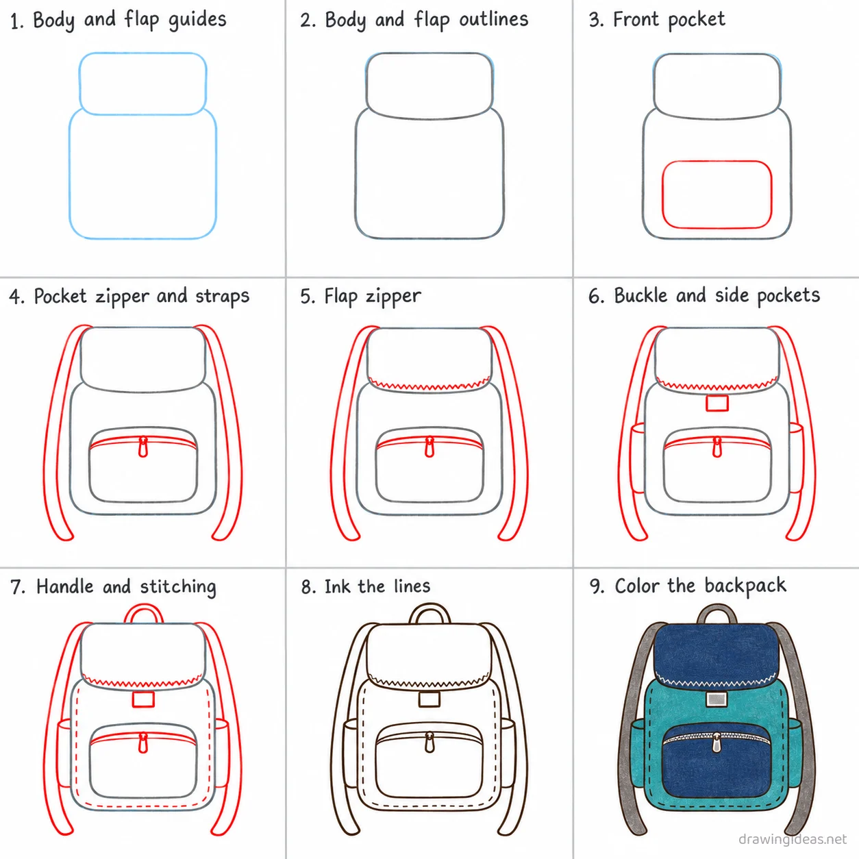 How to draw a backpack step by step — 9-step backpack drawing tutorial sheet