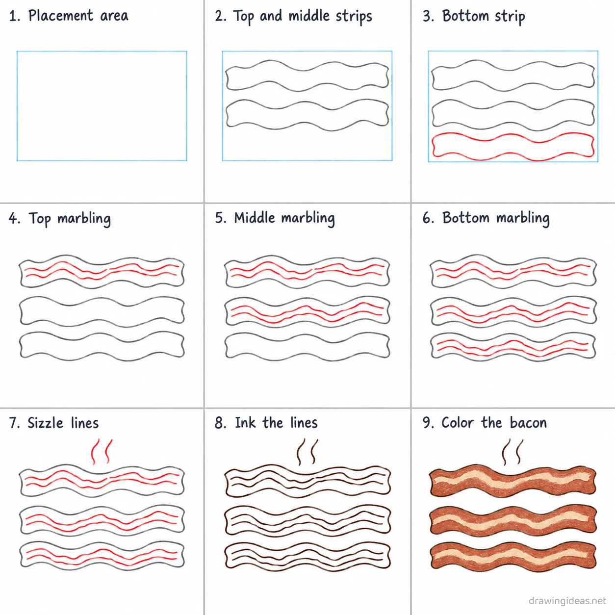 How to draw bacon step by step — 9-step bacon drawing tutorial sheet