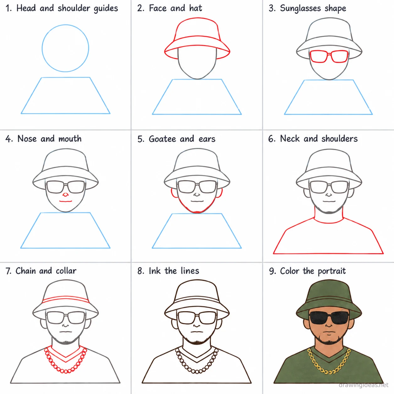 How to draw Bad Bunny step by step — 9-step Bad Bunny drawing tutorial sheet
