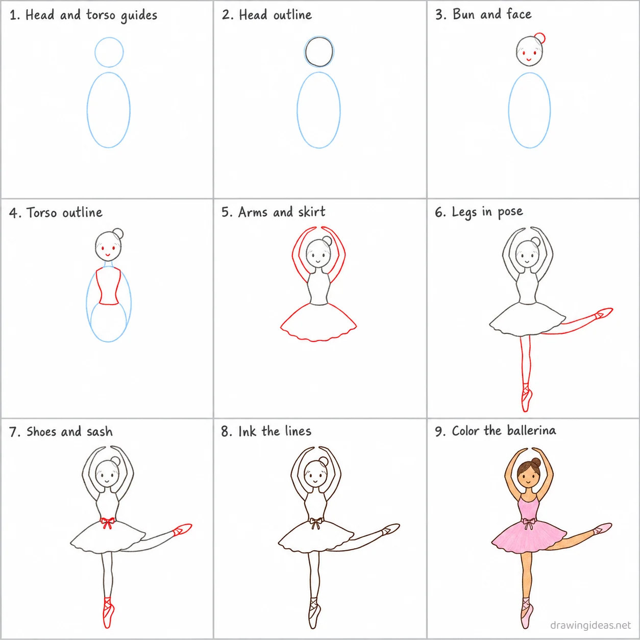How to draw a ballerina step by step — 9-step ballerina drawing tutorial sheet