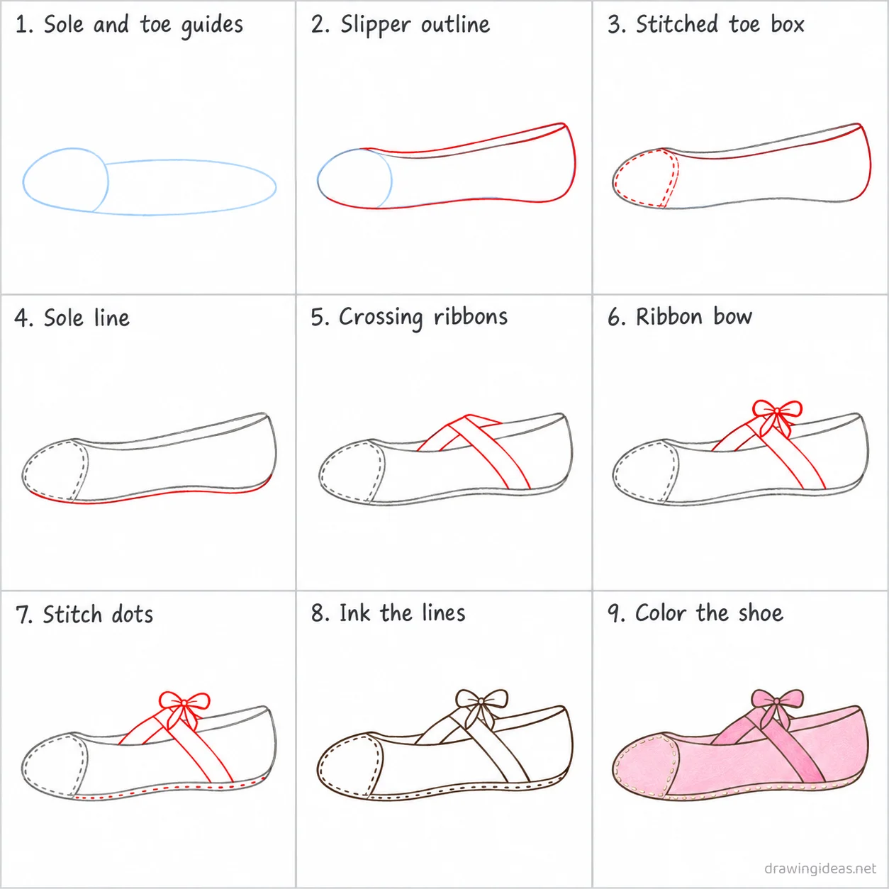 How to draw a ballet shoe step by step — 9-step ballet shoe drawing tutorial sheet
