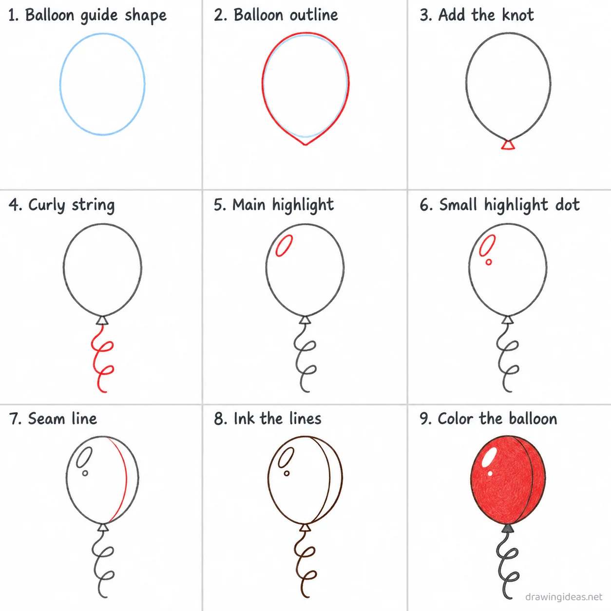 How to draw a balloon step by step — 9-step balloon drawing tutorial sheet