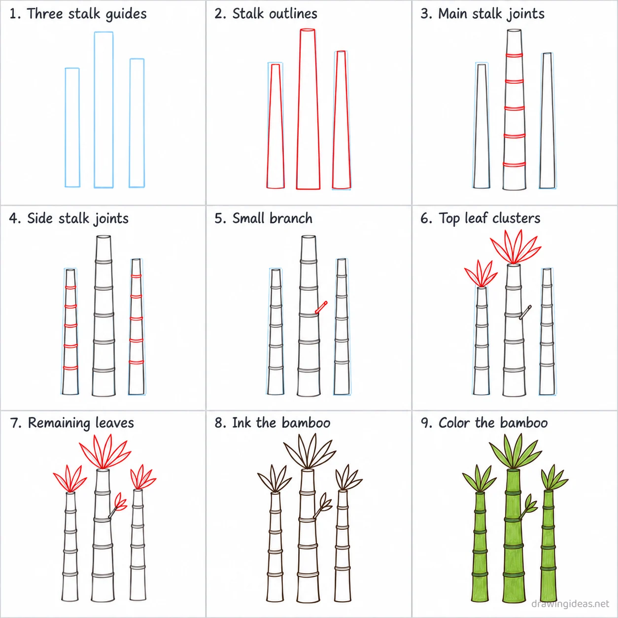 How to draw bamboo step by step — 9-step bamboo drawing tutorial sheet