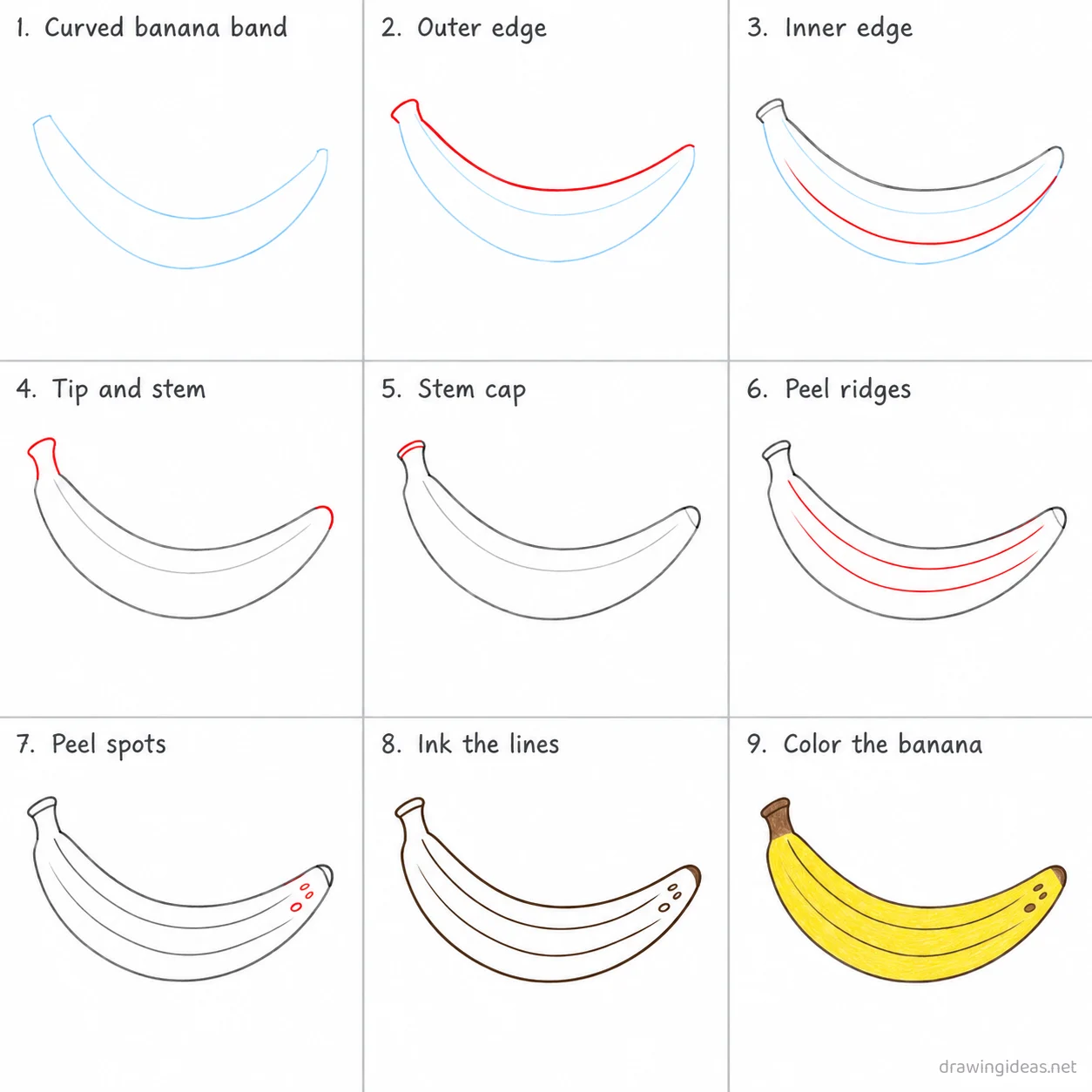 How to draw a banana step by step — 9-step banana drawing tutorial sheet