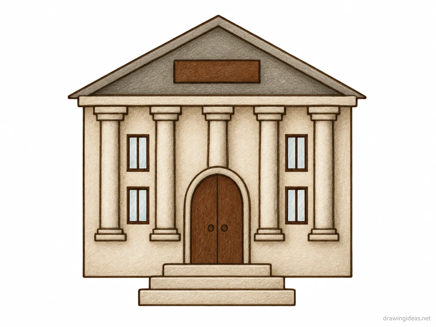 Bank drawing — hand-drawn bank illustration with ink lines and soft colors