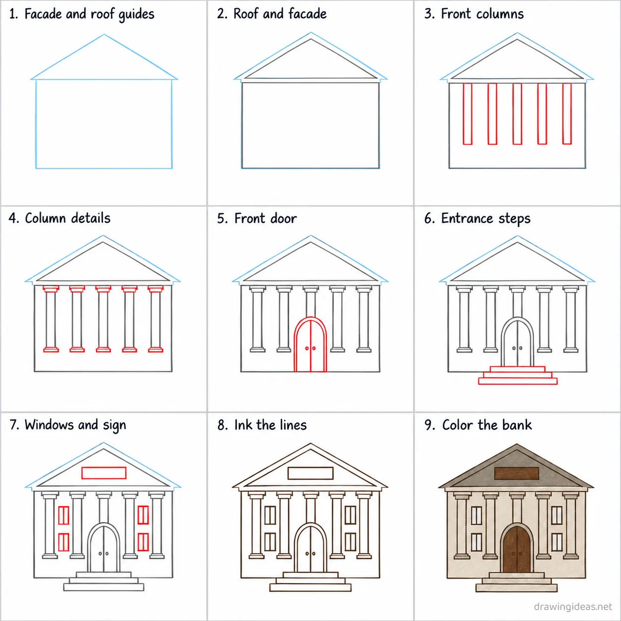 How to draw a bank step by step — 9-step bank drawing tutorial sheet