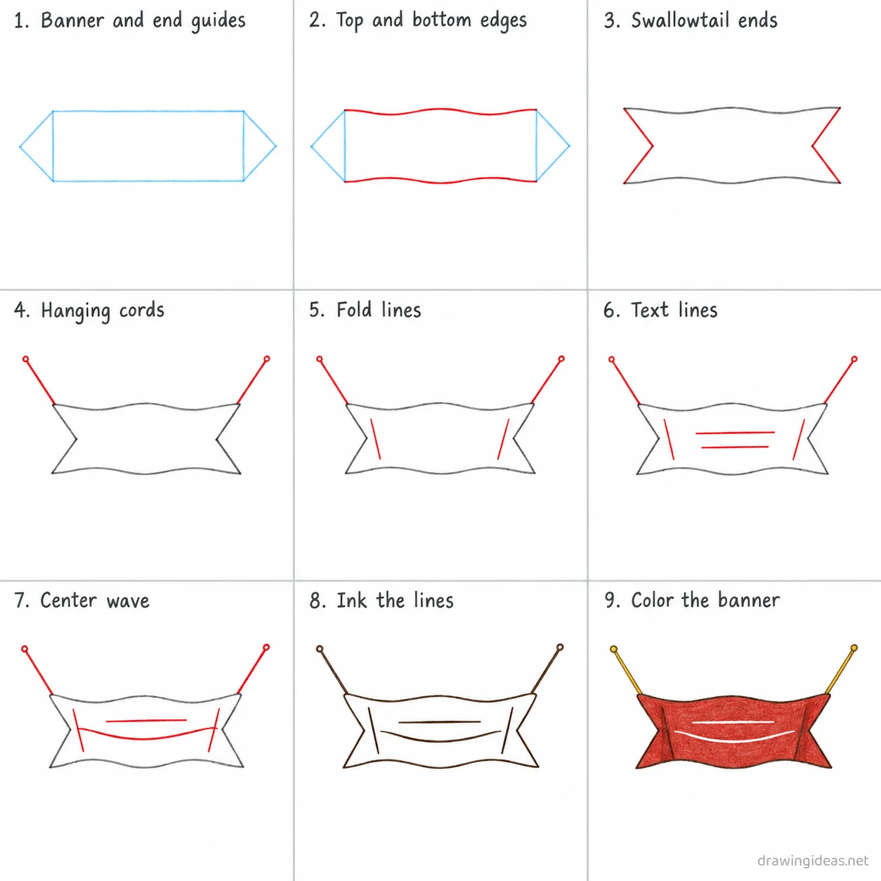 How to draw a banner step by step — 9-step banner drawing tutorial sheet