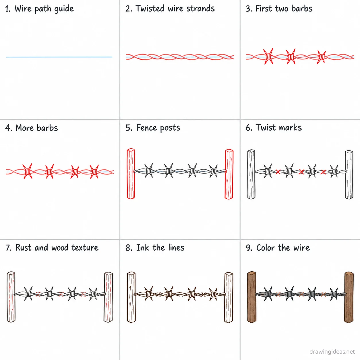 How to draw a barbed wire step by step — 9-step barbed wire drawing tutorial sheet