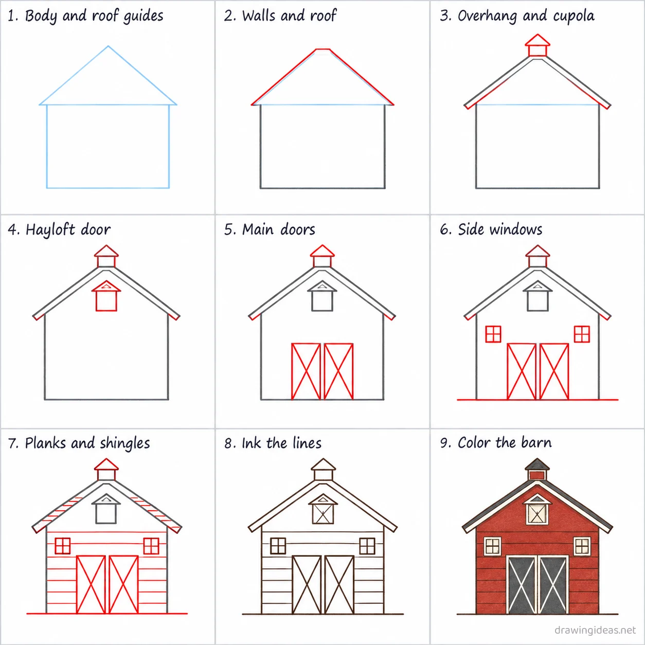 How to draw a barn step by step — 9-step barn drawing tutorial sheet