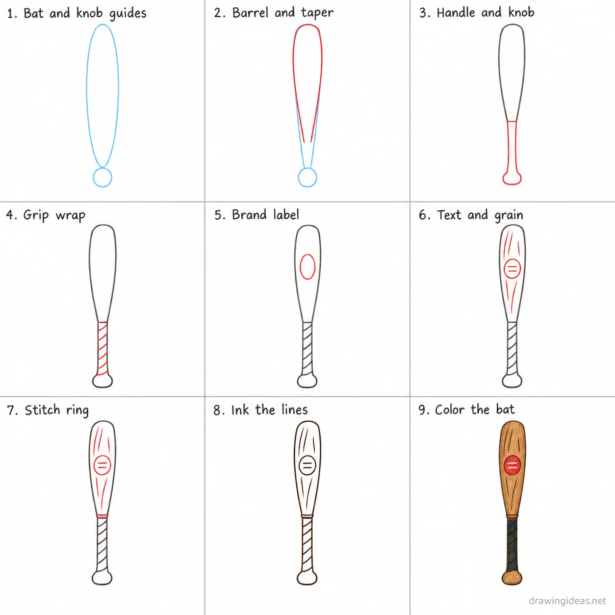 How to draw a baseball bat step by step — 9-step baseball bat drawing tutorial sheet