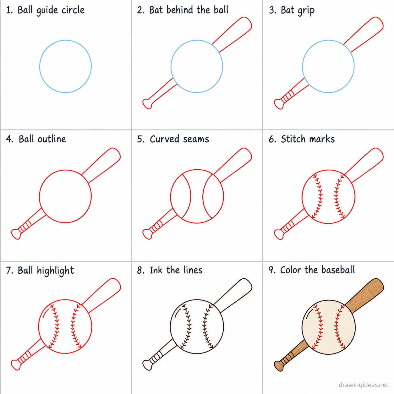 How to draw a baseball step by step — 9-step baseball drawing tutorial sheet