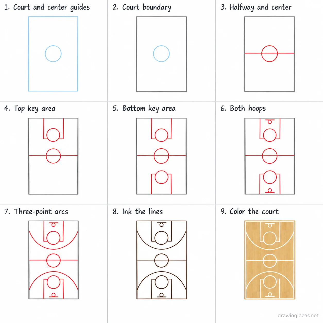 How to draw a basketball court step by step — 9-step basketball court drawing tutorial sheet
