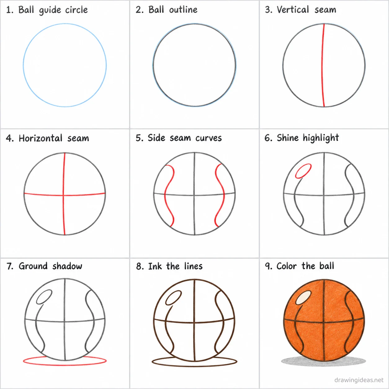 How to draw a basketball step by step — 9-step basketball drawing tutorial sheet