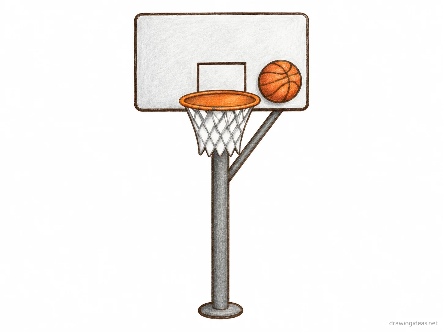 Basketball Hoop drawing — hand-drawn basketball hoop illustration with ink lines and soft colors