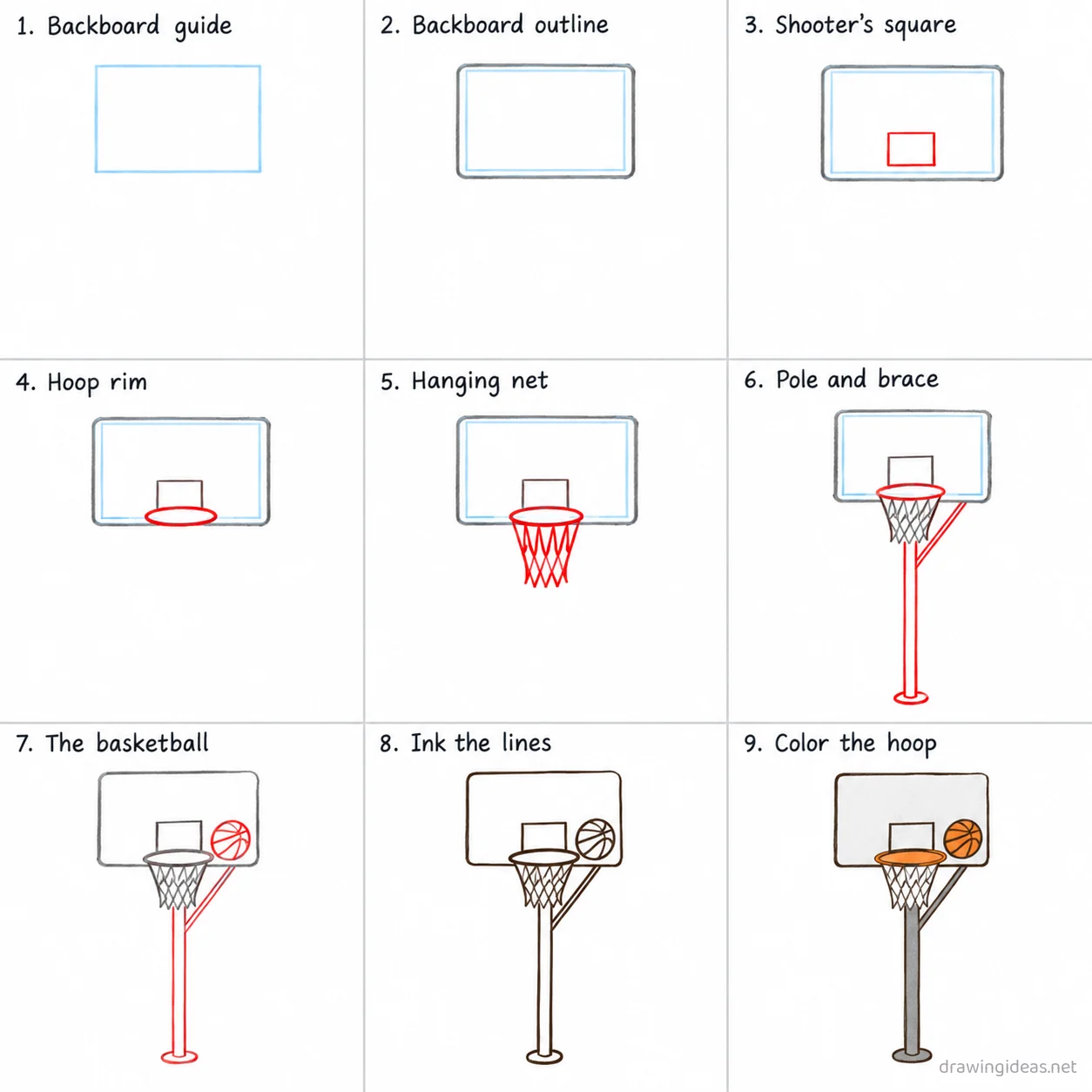 How to draw a basketball hoop step by step — 9-step basketball hoop drawing tutorial sheet