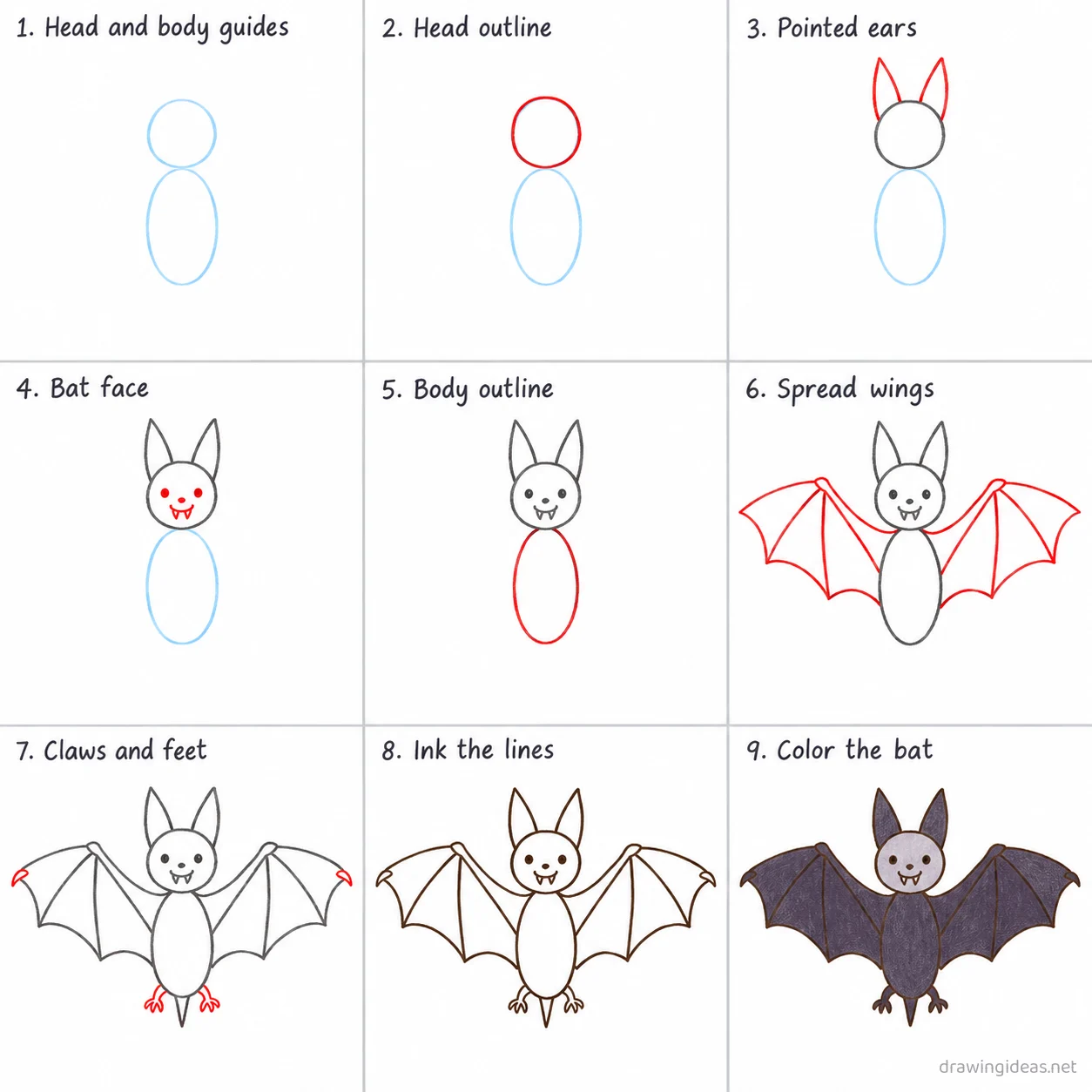 How to draw a bat step by step — 9-step bat drawing tutorial sheet